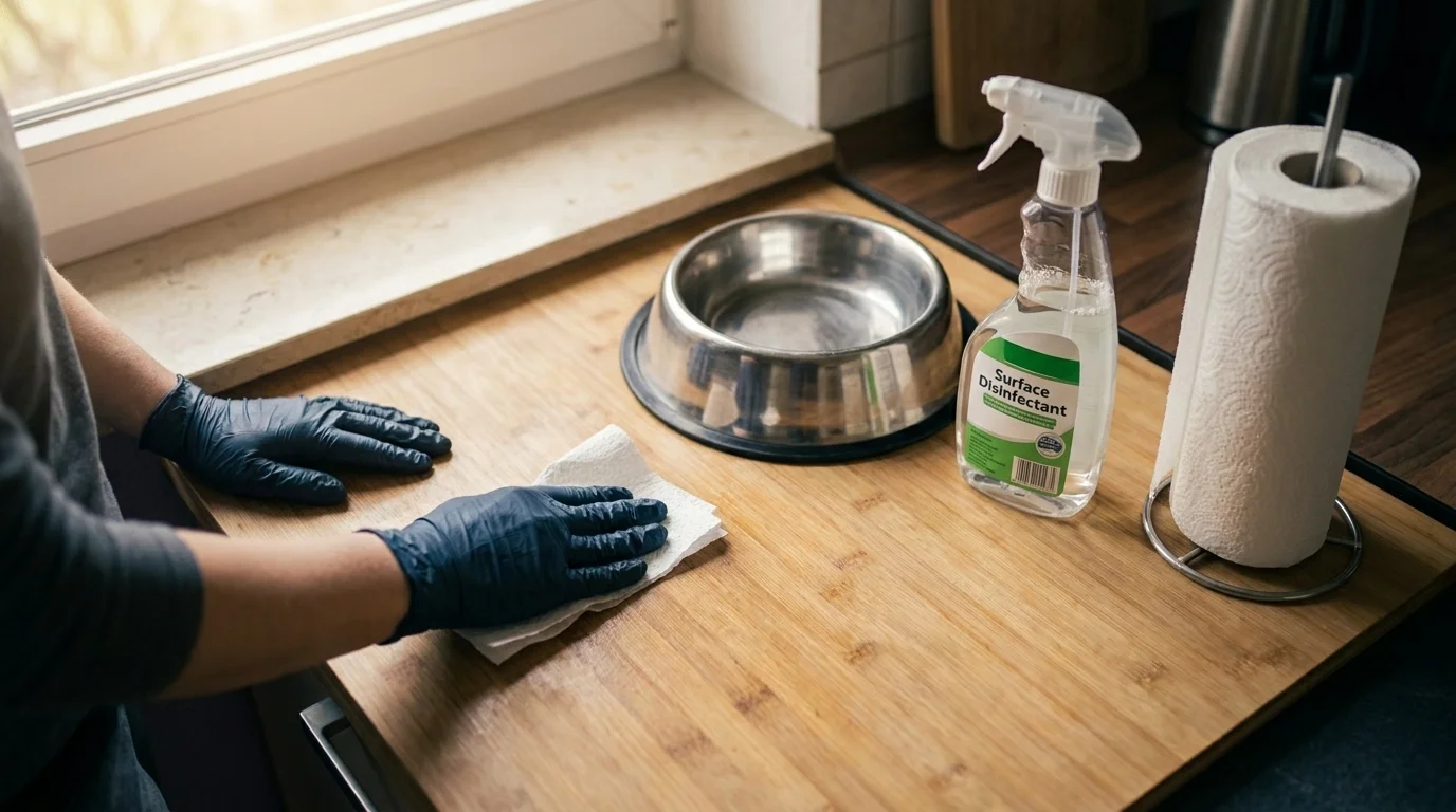 Hands disinfecting a kitchen counter next to a stainless dog bowl, paper towels, and a disinfectant spray bottle