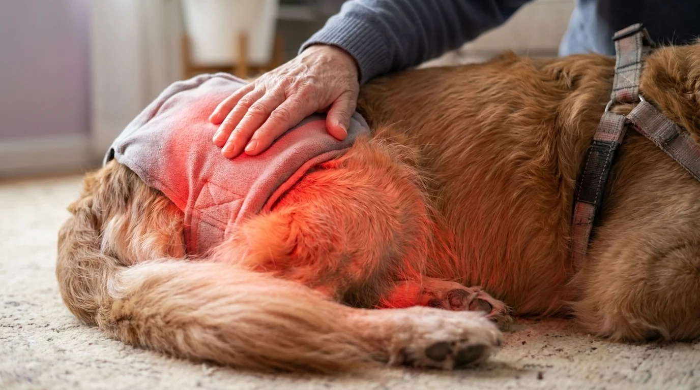 Close-up of a red-light therapy wrap glowing over the hip of a senior golden retriever, an owner's hand steadying the pad
