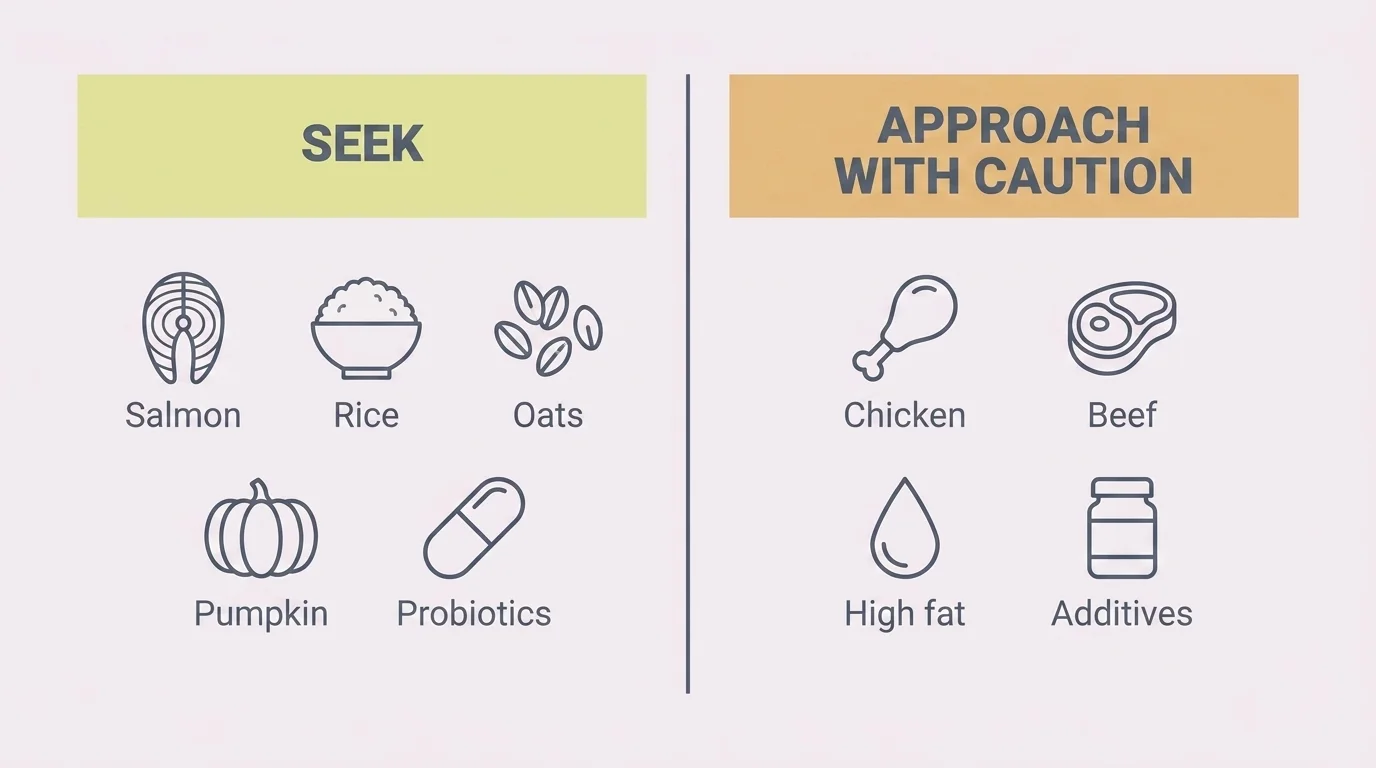Two-column graphic of ingredients to seek (salmon, rice, oats, probiotics) versus chicken, beef and fat to use with caution