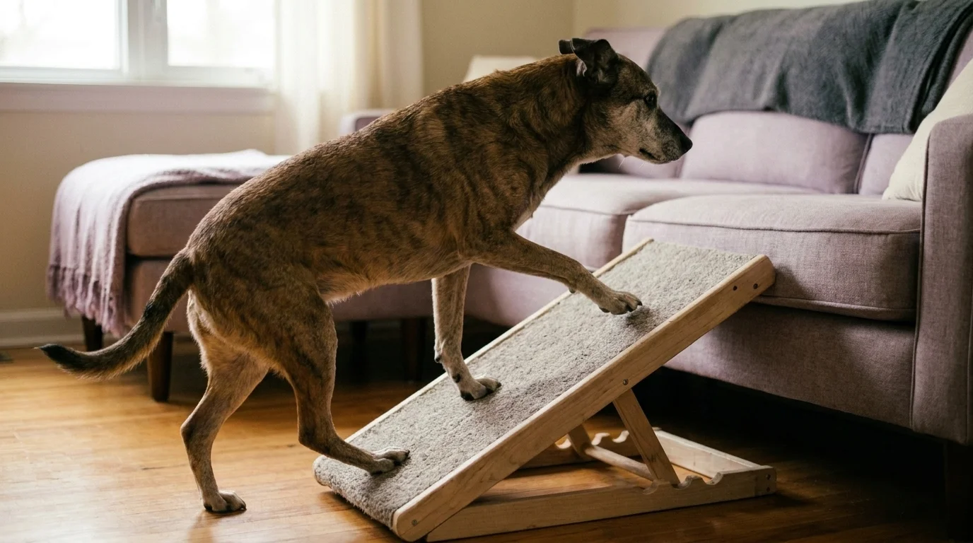 Older dog mid-stride walking up a low carpeted ramp toward a sofa in a sunlit living room