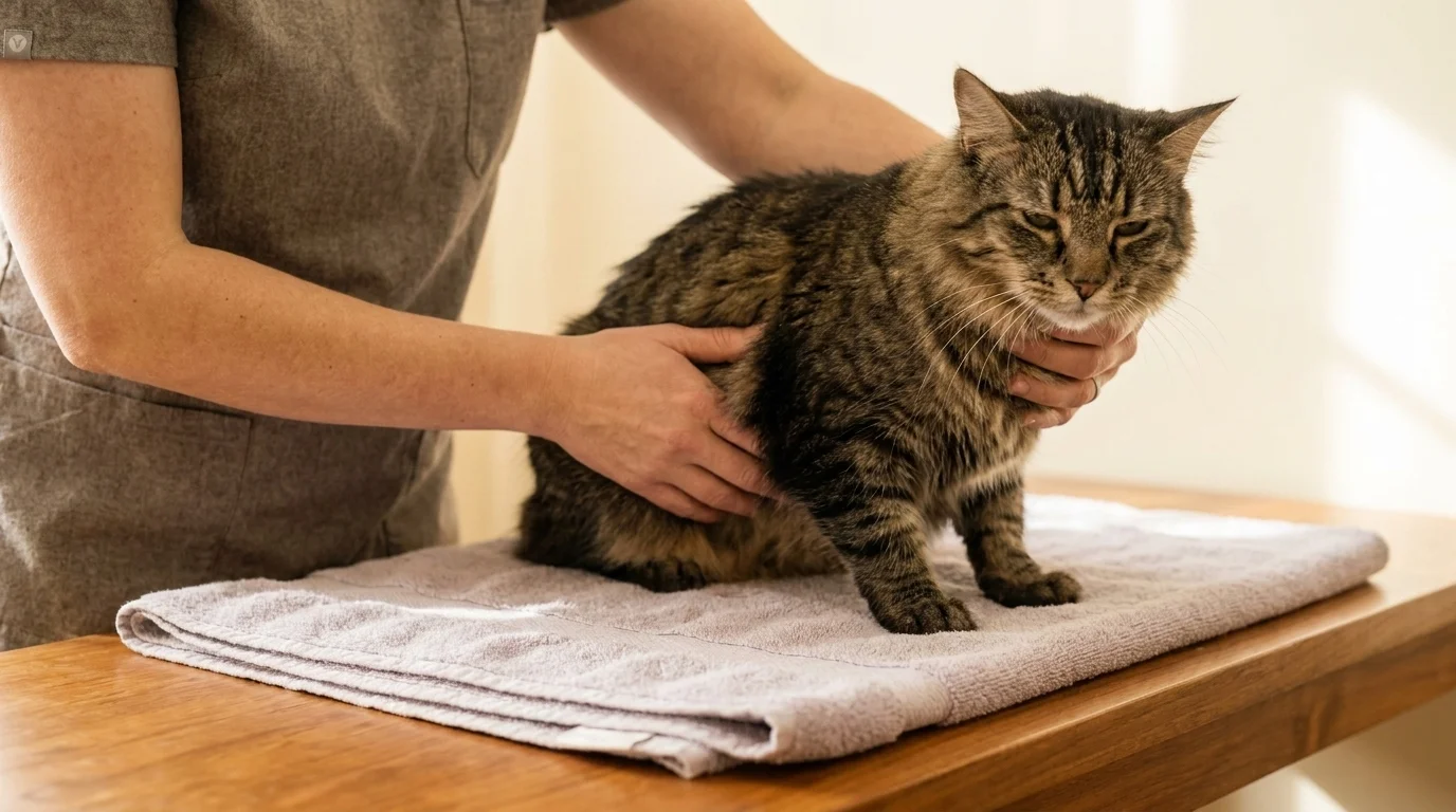 Senior tabby cat being gently palpated by a veterinarian on a towel-covered exam surface, warm soft natural lighting