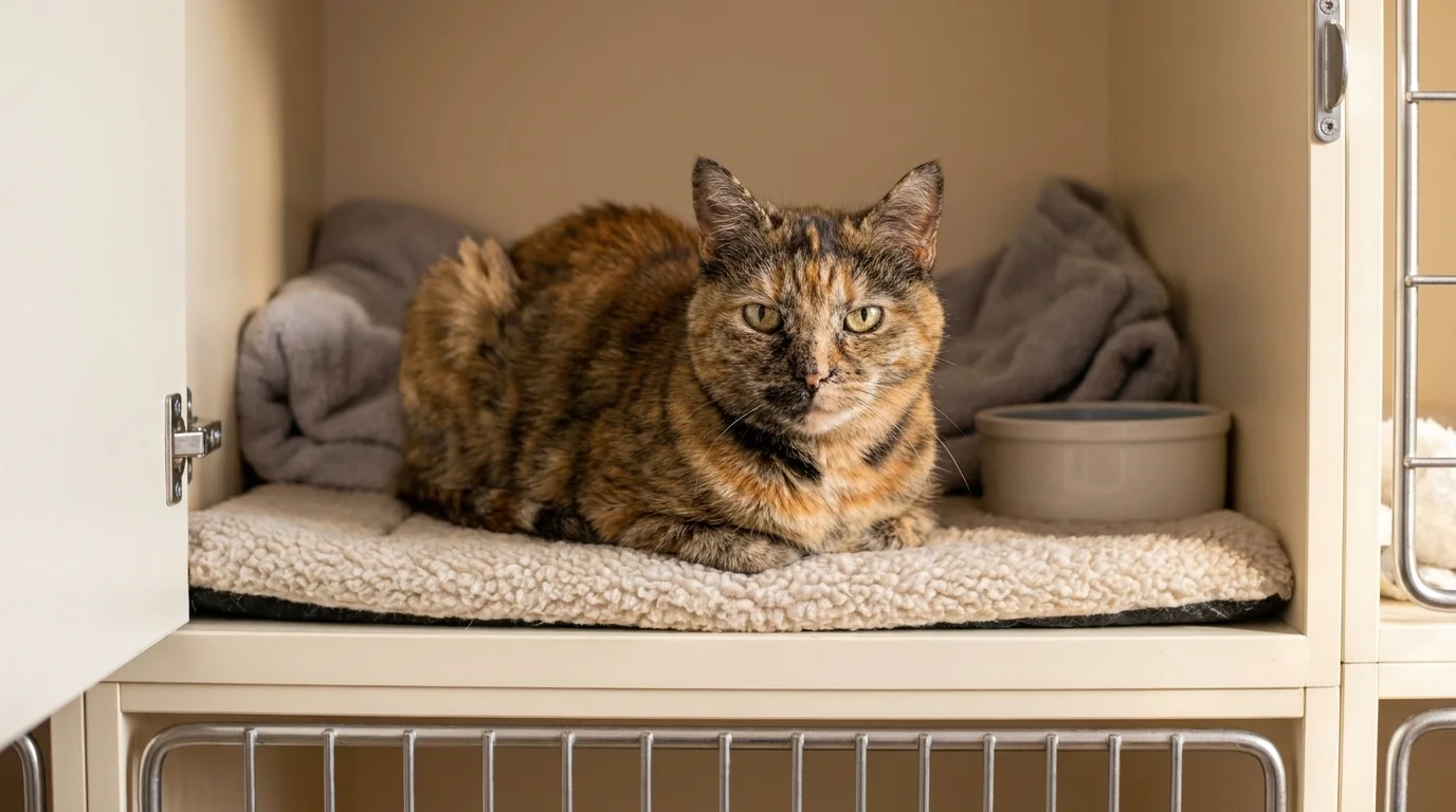 Senior tortoiseshell cat resting on a fleece cushion in an open shelter cubby, meeting the camera with steady calm