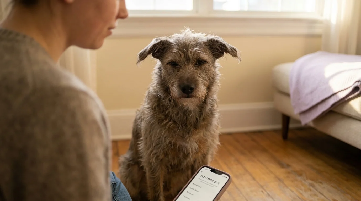 Adopter on a shelter visiting room floor with a calm mid-sized dog and a phone showing a pet-matching quiz nearby