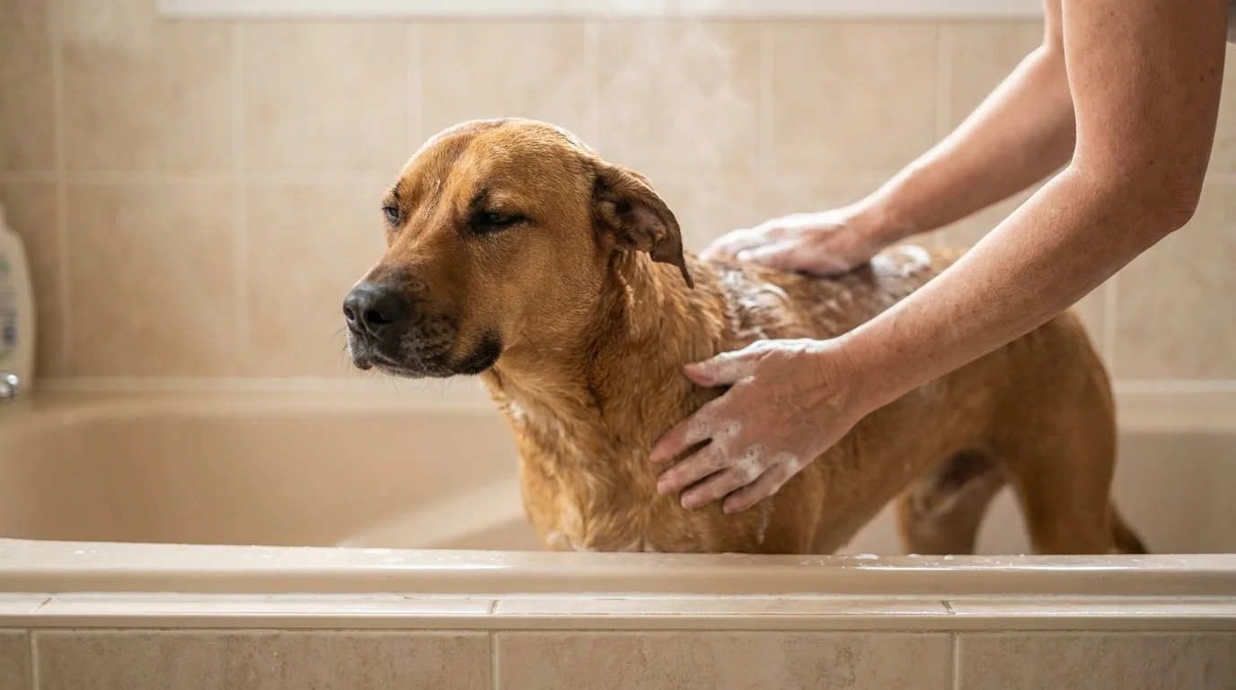 Calm short-haired dog standing in a home bathtub being gently lathered by an owner's hands