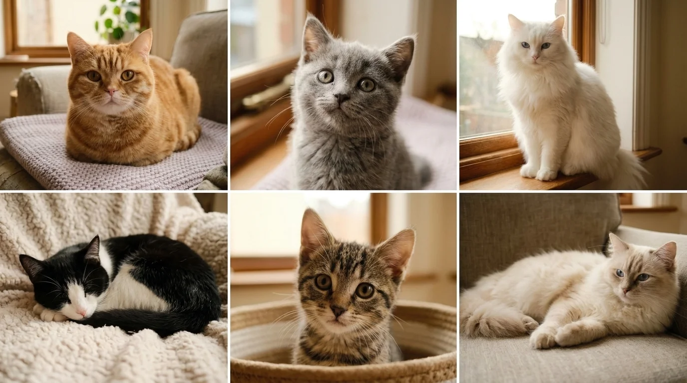 Six-panel grid of cute cats and kittens including a loafing ginger tabby, a fluffy white longhair and a sleepy tuxedo
