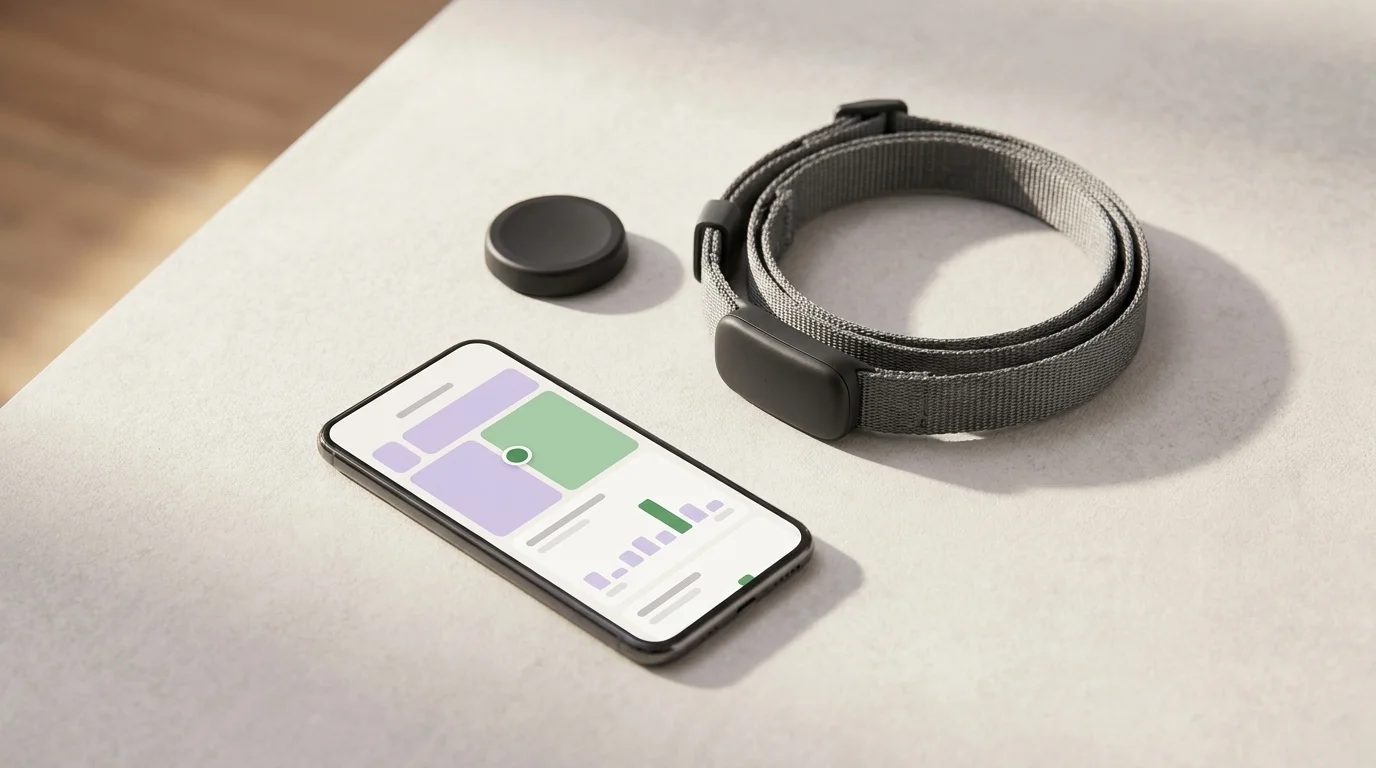 Slim GPS smart collar with a charging puck and a phone showing a location-and-activity dashboard