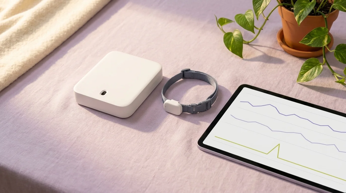 Smart pet tech flat lay: smart litter monitor, sensor collar, and a tablet showing health-trend graphs