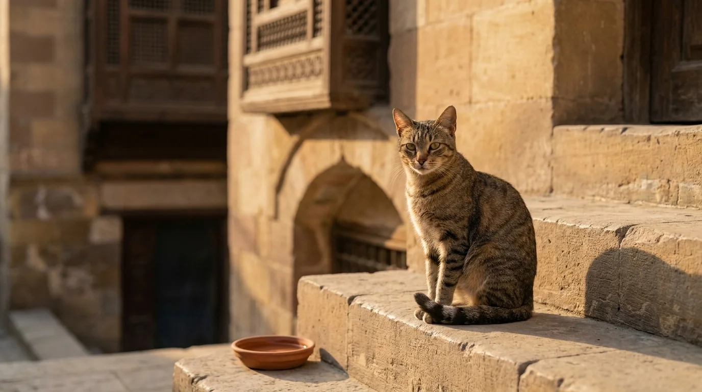 A calm tabby cat sitting on the warm stone steps of a historic building in Cairo's old city at golden hour