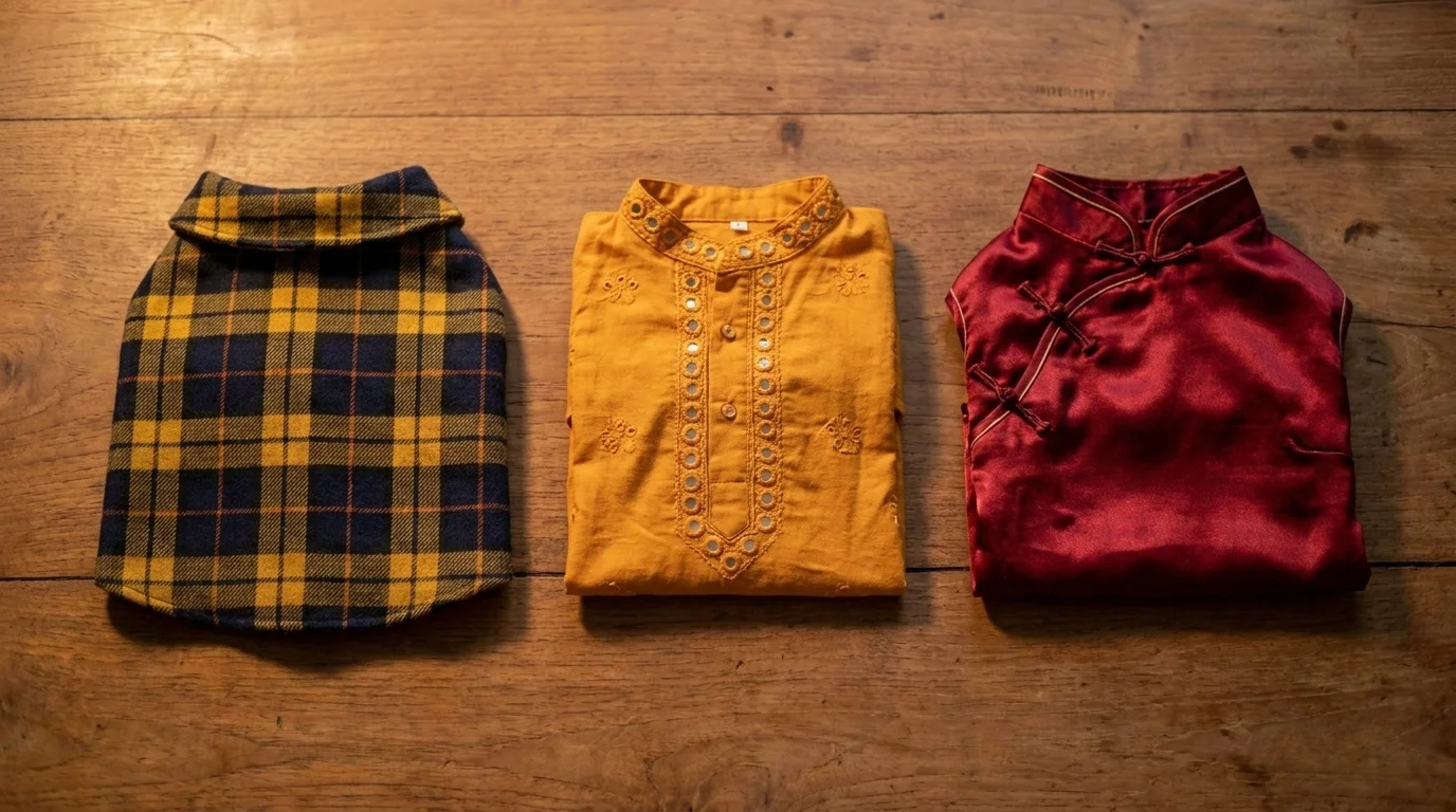 Navy-and-yellow tartan dog coat, marigold embroidered kurta, and crimson pet cheongsam laid flat on a wooden table
