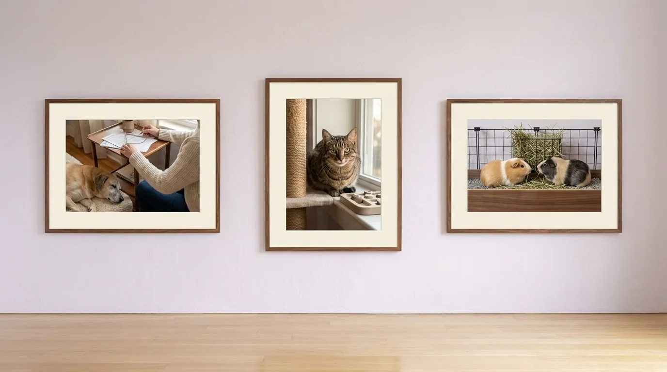 Triptych: owner reviewing vet paperwork beside a sleeping dog, tabby on a window perch, modern guinea-pig enclosure