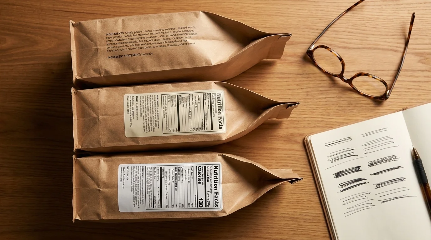 Three pet-food bags from one brand showing old, transitional, and new back-panel label layouts, with glasses and a notebook