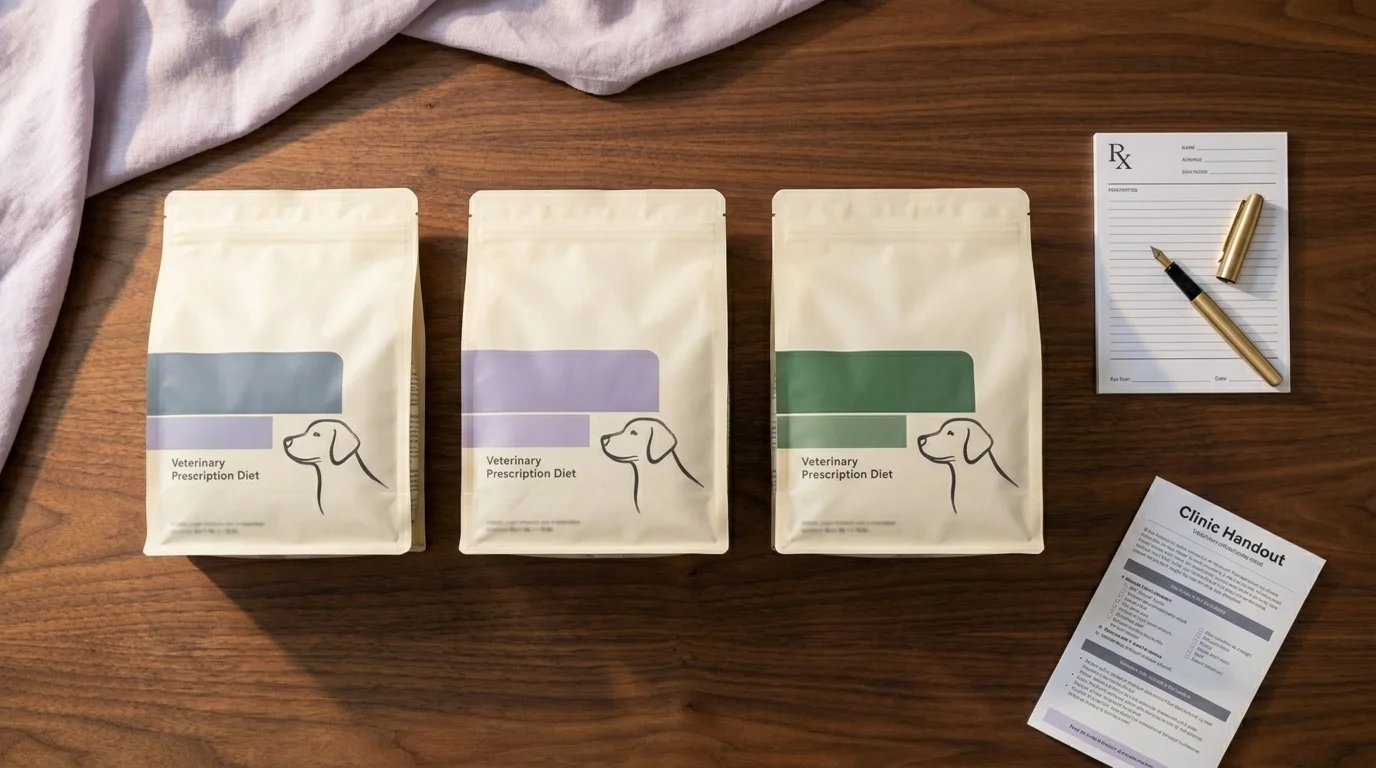 Three prescription veterinary diet dog food bags side by side on a wooden counter with a clinic prescription pad and pen
