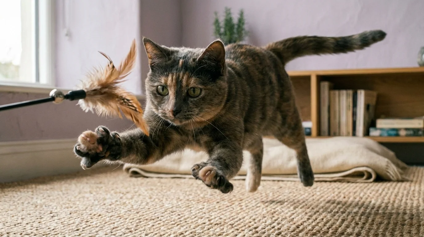 Tortoiseshell domestic shorthair fully extended mid-pounce, paws splayed on a feather wand toy in cat playtime