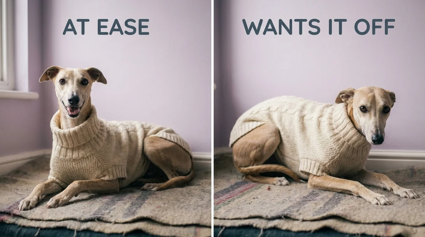 Two dogs in sweaters compared: one relaxed with an open mouth, one tense with pinned ears and a tucked tail