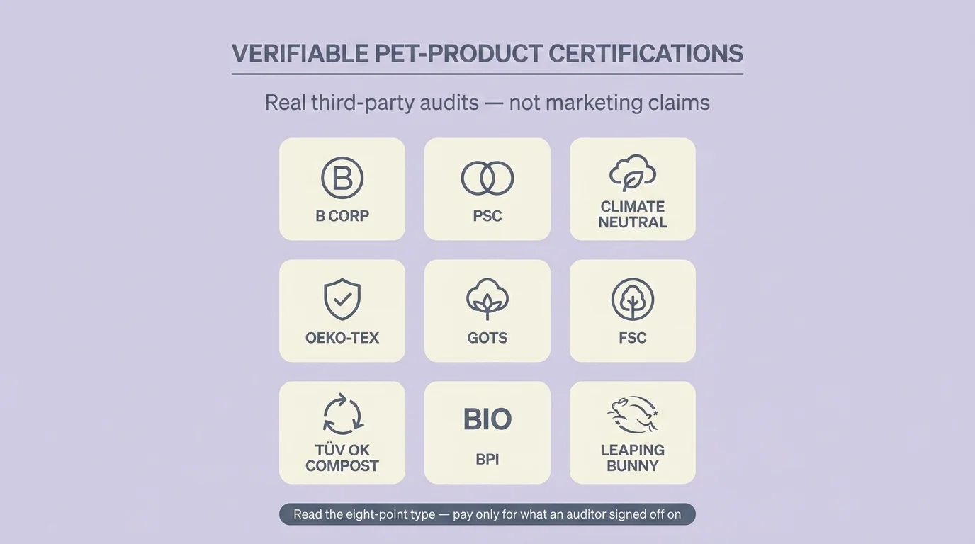 Pet-product certifications grid: B Corp, PSC, Climate Neutral, OEKO-TEX, GOTS, FSC and four more — third-party audits
