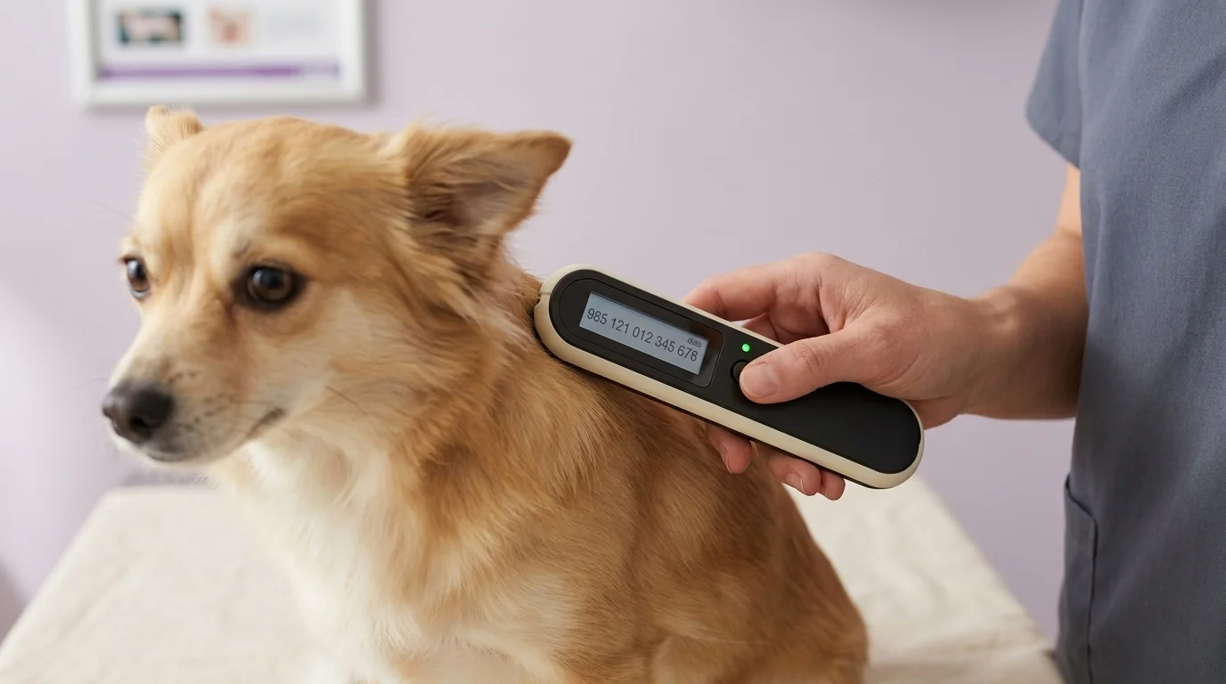 Vet scanning a small dog's shoulder area with a handheld universal microchip reader showing a 15-digit ID on the screen