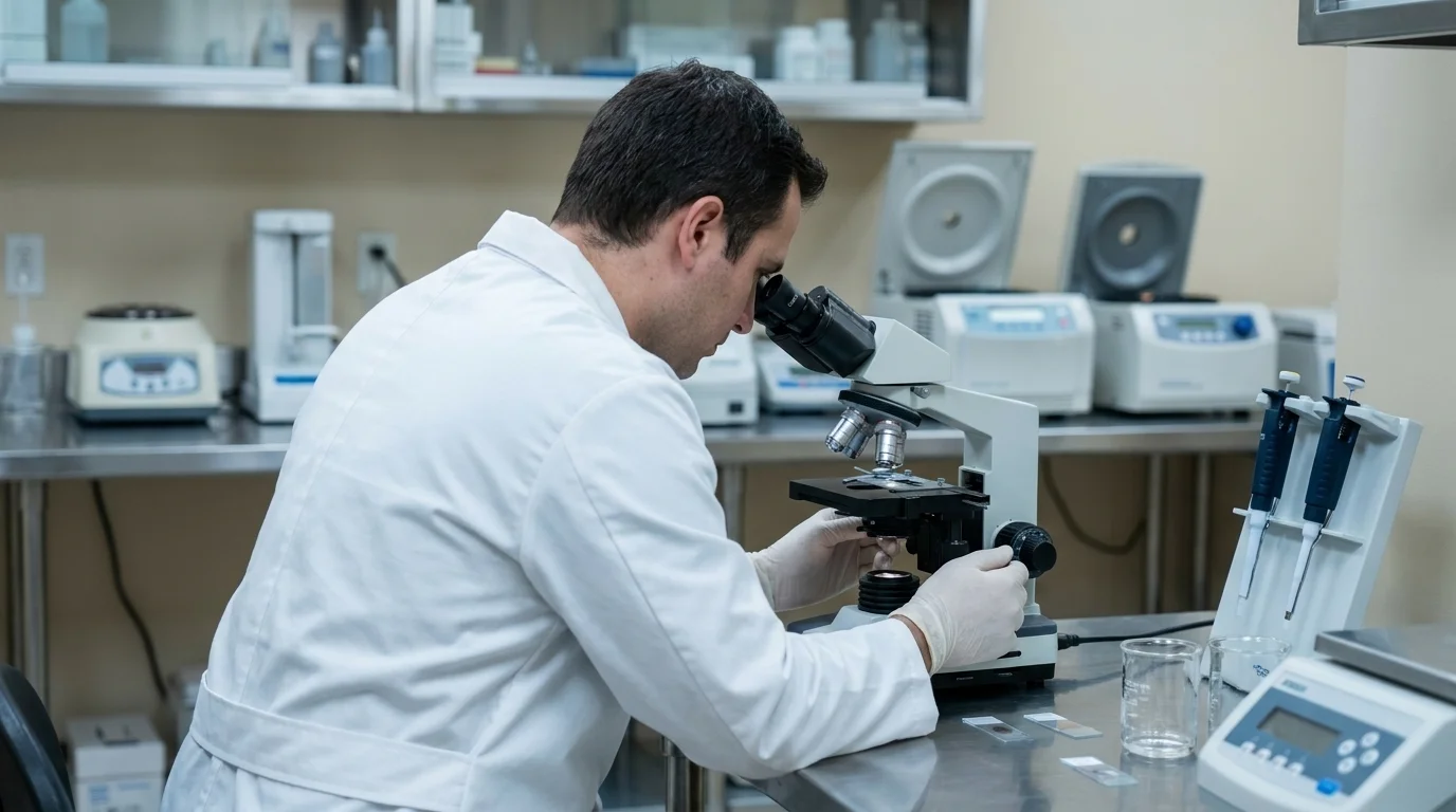 Lab technician in a white coat working at a microscope in a veterinary laboratory