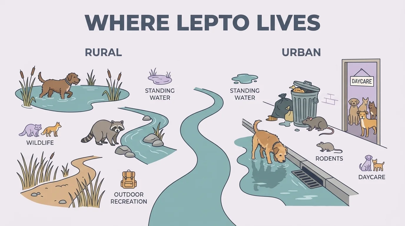 Split infographic Where Lepto Lives contrasting rural pond and wildlife risks with urban gutters, rats and daycare