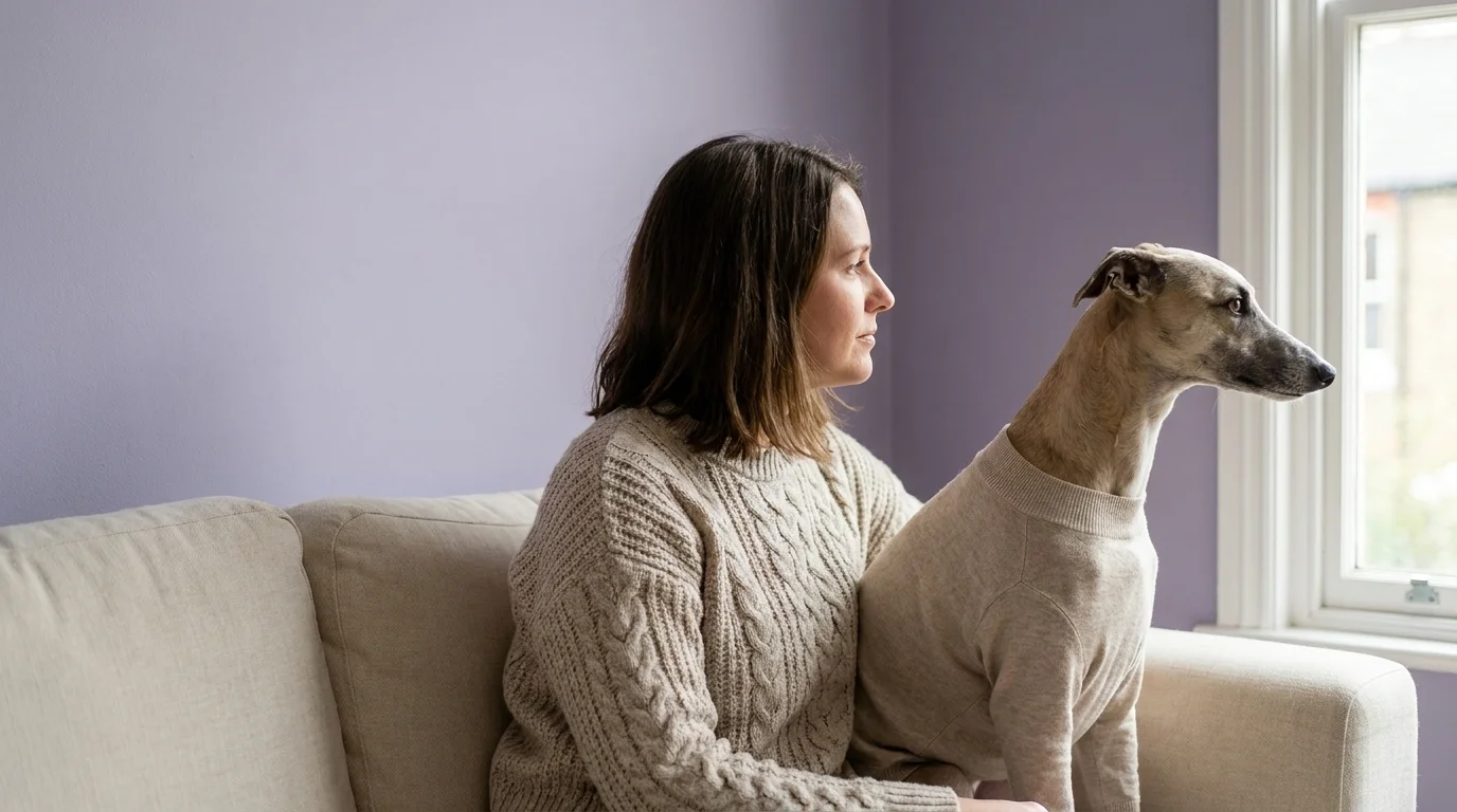 Woman in an oatmeal cable-knit and a whippet-mix dog in a matching knit jumper face a sunlit window together