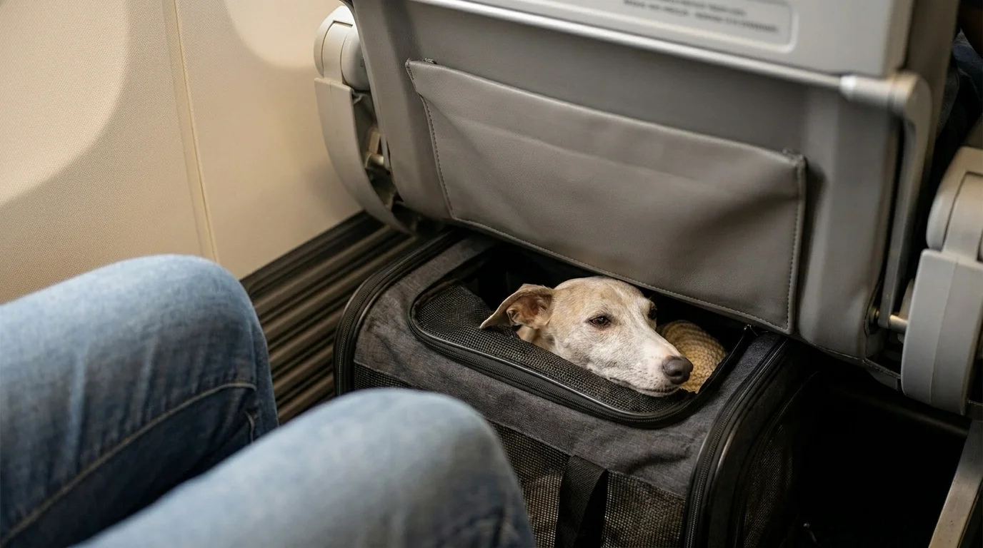 Calm whippet visible through the mesh window of a soft-sided carrier stowed under an airline cabin seat