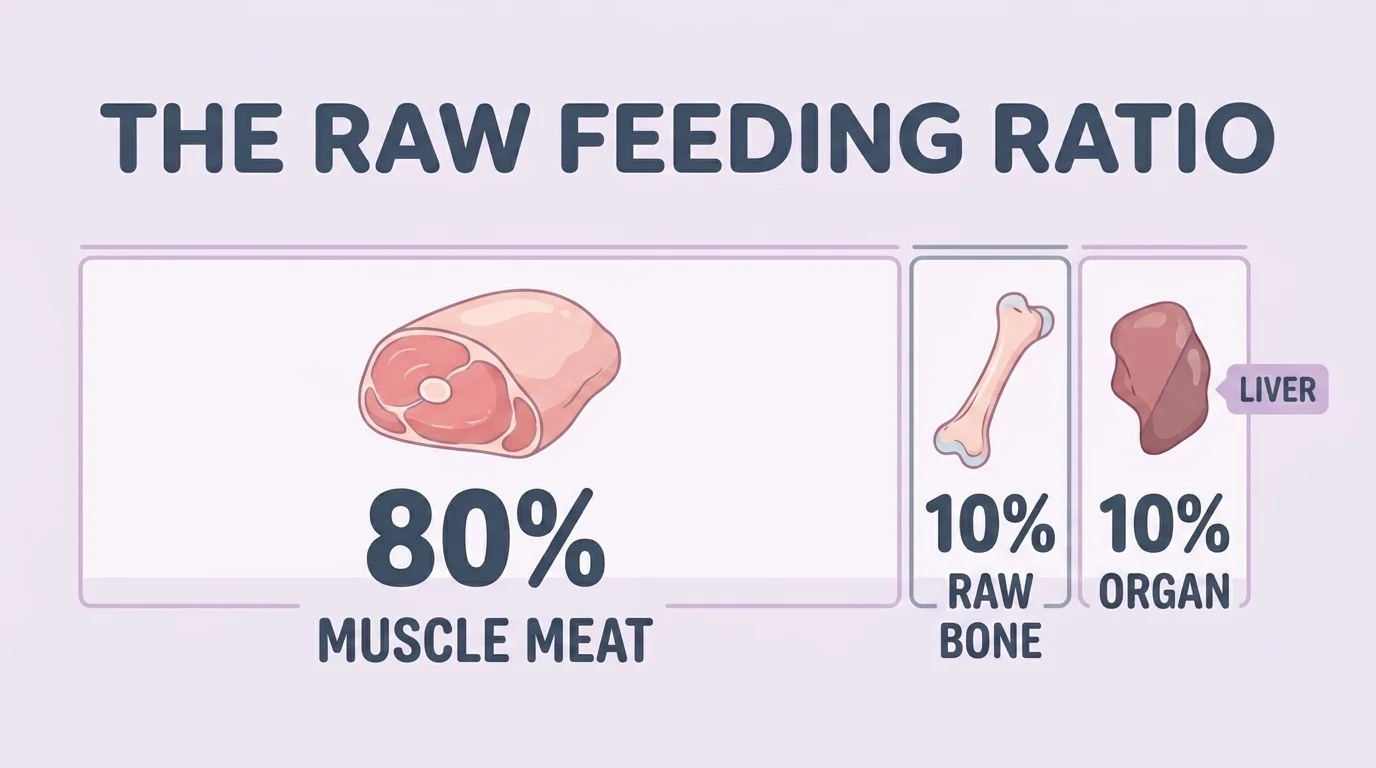 The 80/10/10 raw feeding ratio: 80% muscle meat, 10% raw edible bone, 10% organ, about half of it liver