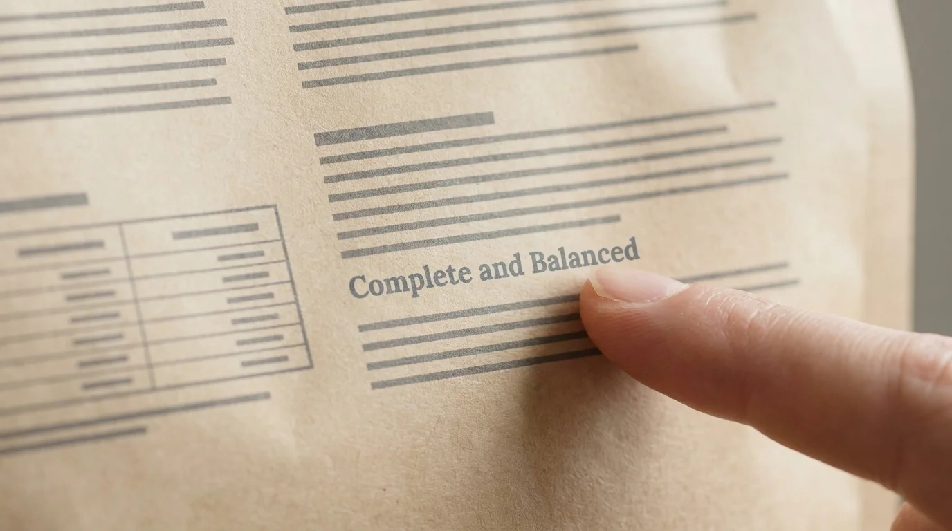 A fingertip pointing to the small Complete and Balanced line in the fine print on a pet food bag's back panel