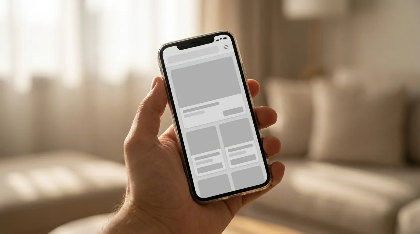 Hand holding a smartphone showing a generic, unbranded online classified-listing interface