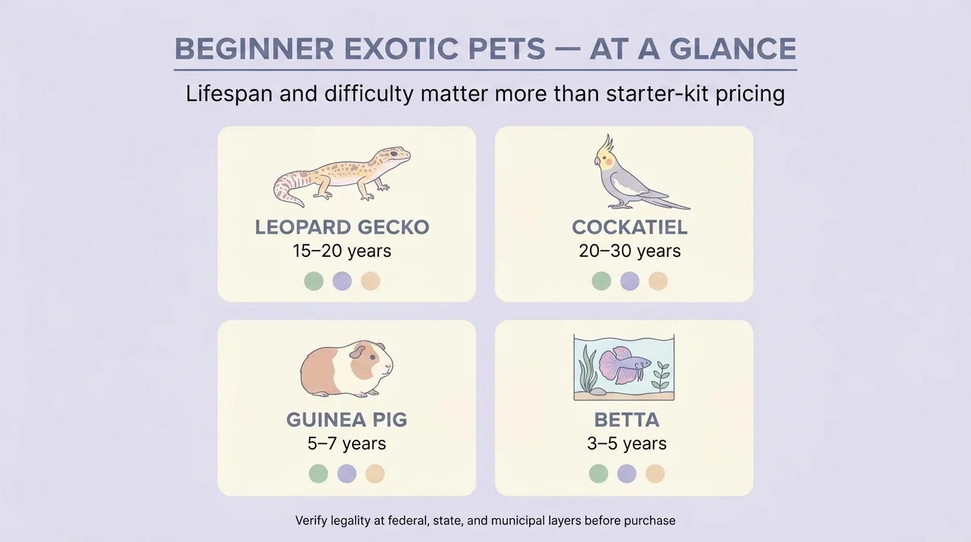 Beginner exotic pets reference grid: leopard gecko, cockatiel, guinea pig, and betta with lifespan and difficulty indicators