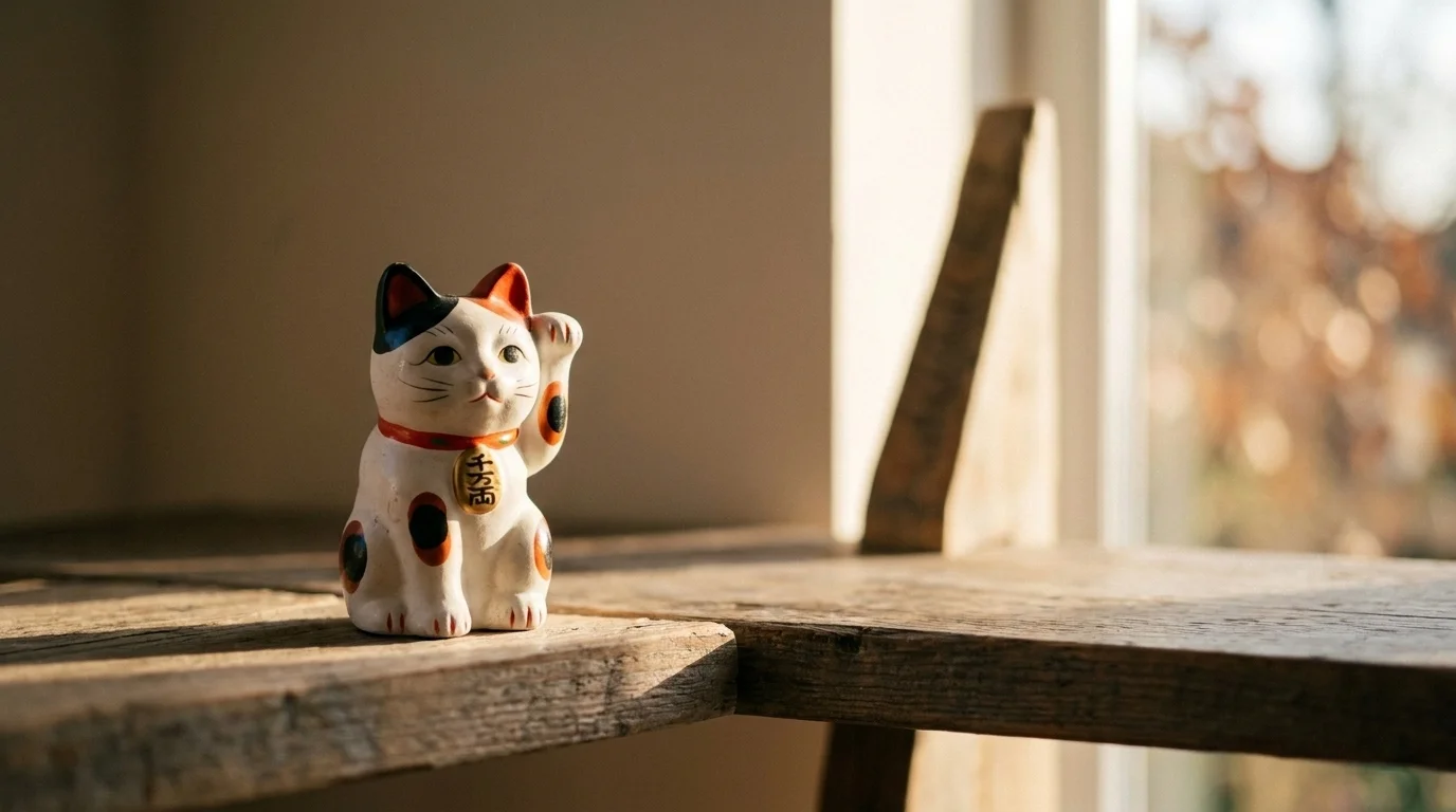 Calico ceramic maneki-neko figurine with right paw raised and a gold koban coin at its neck on a wooden shelf