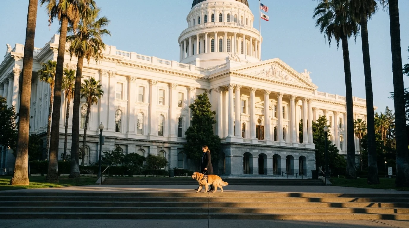California state capitol at golden hour with a person walking a service-vested dog up the steps in warm late light