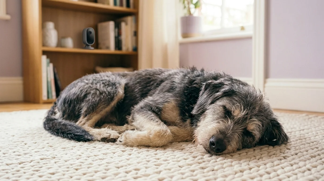 A relaxed dog dozing on a rug at home while a small smart pet camera watches from a shelf behind