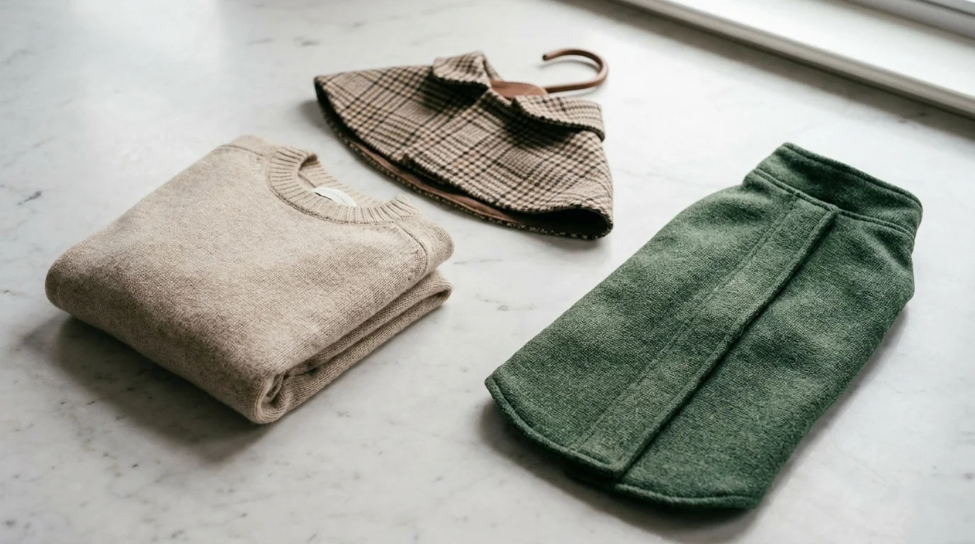 A folded beige cashmere dog jumper, a heritage-check pet cape, and a forest-green recycled winter dog jacket arranged on marble
