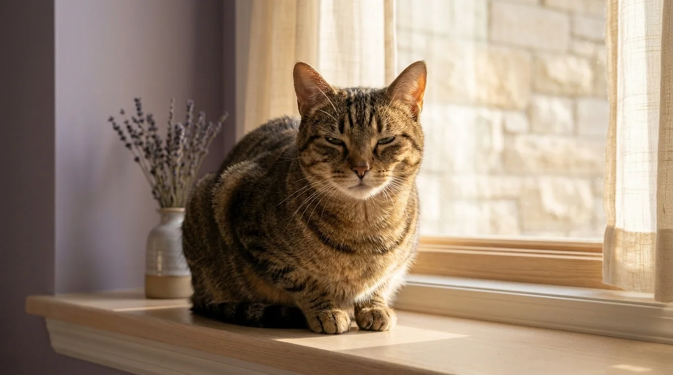 Brown tabby in a sunlit window mid slow-blink — the trust gesture in cat portraits, captured at the cat's eye level