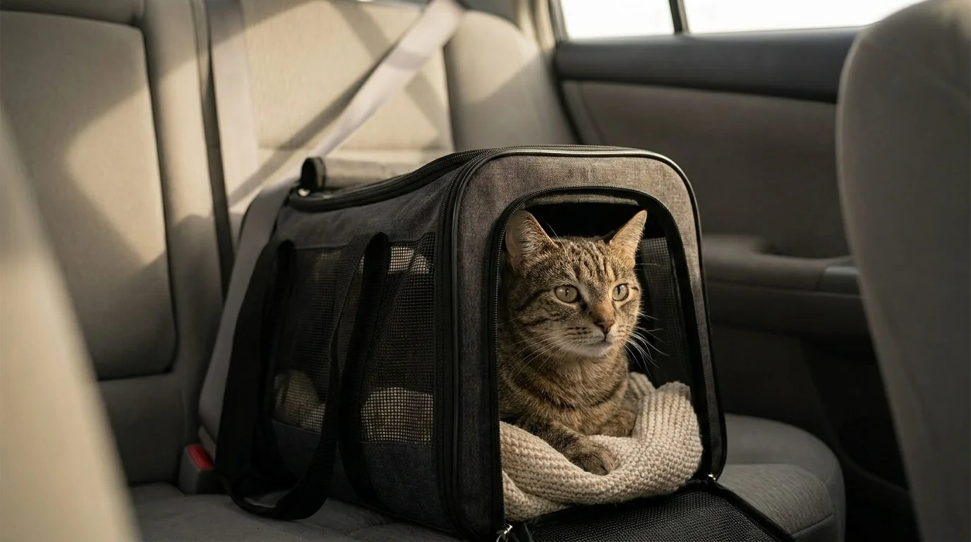 Domestic cat looking out through the front mesh of a soft-sided carrier on a parked car's back seat, familiar blanket inside