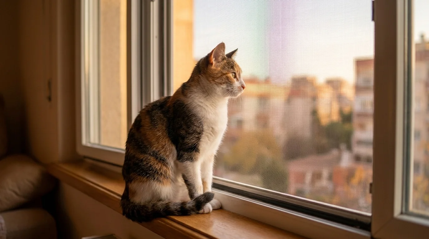 Cat sitting on an interior windowsill behind a fitted protective screen, looking out at a city skyline