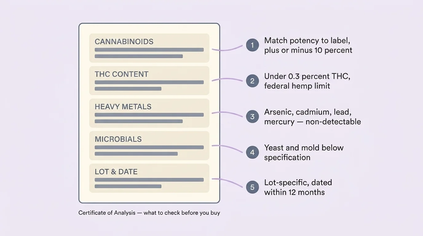 CBD Certificate of Analysis with five callouts: cannabinoid match, THC under 0.3%, heavy metals, microbials, lot date