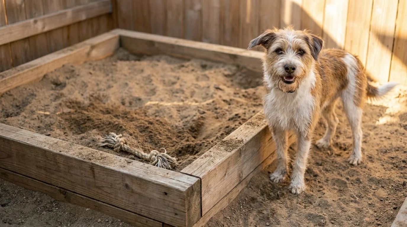 Cedar-framed sandy dig pit in a garden corner with a scruffy terrier standing beside a partly-buried rope toy