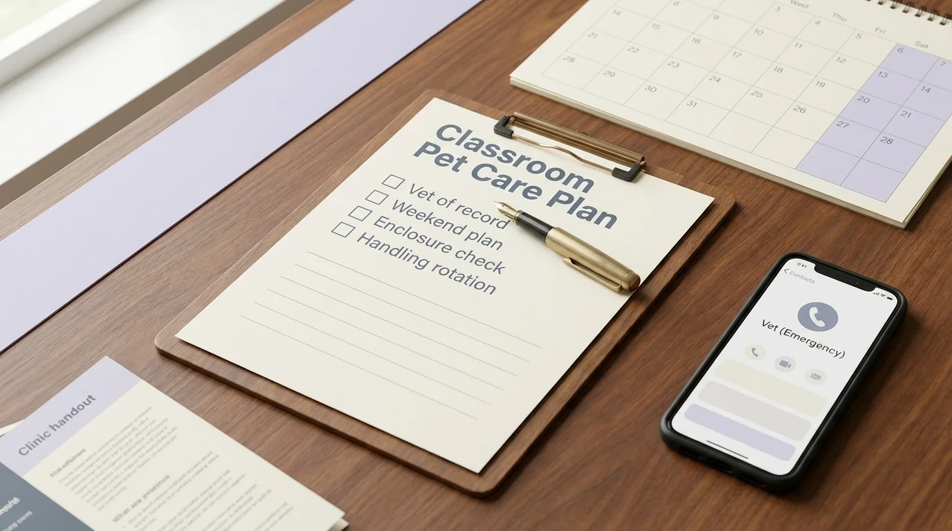 Printed Classroom Pet Care Plan checklist clipboard on a teacher's desk beside a calendar and phone with emergency contact