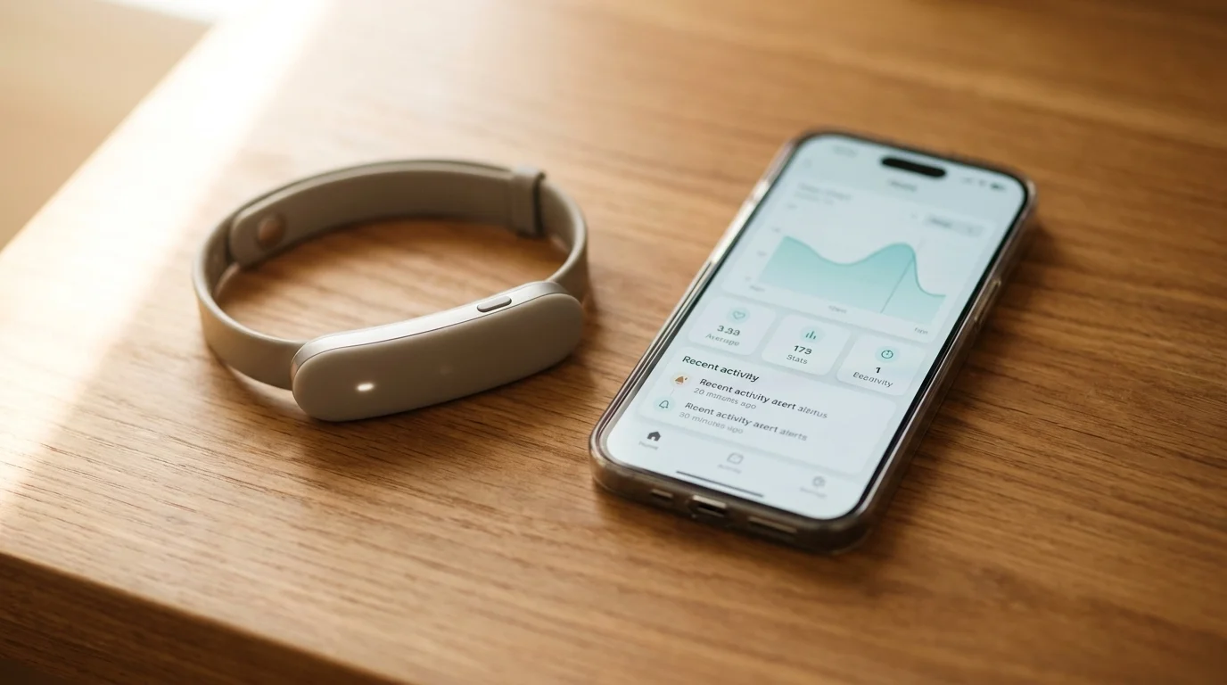 Small lightweight clip-on smart collar beside a smartphone displaying a pet-monitoring app on a warm wooden surface