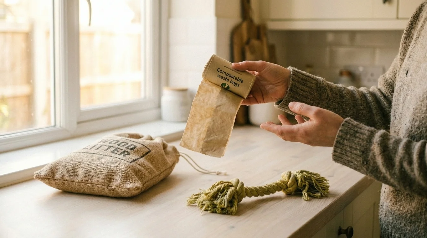 Hands holding a roll of compostable waste bags beside a wood-based cat litter bag and a recycled-fiber dog toy