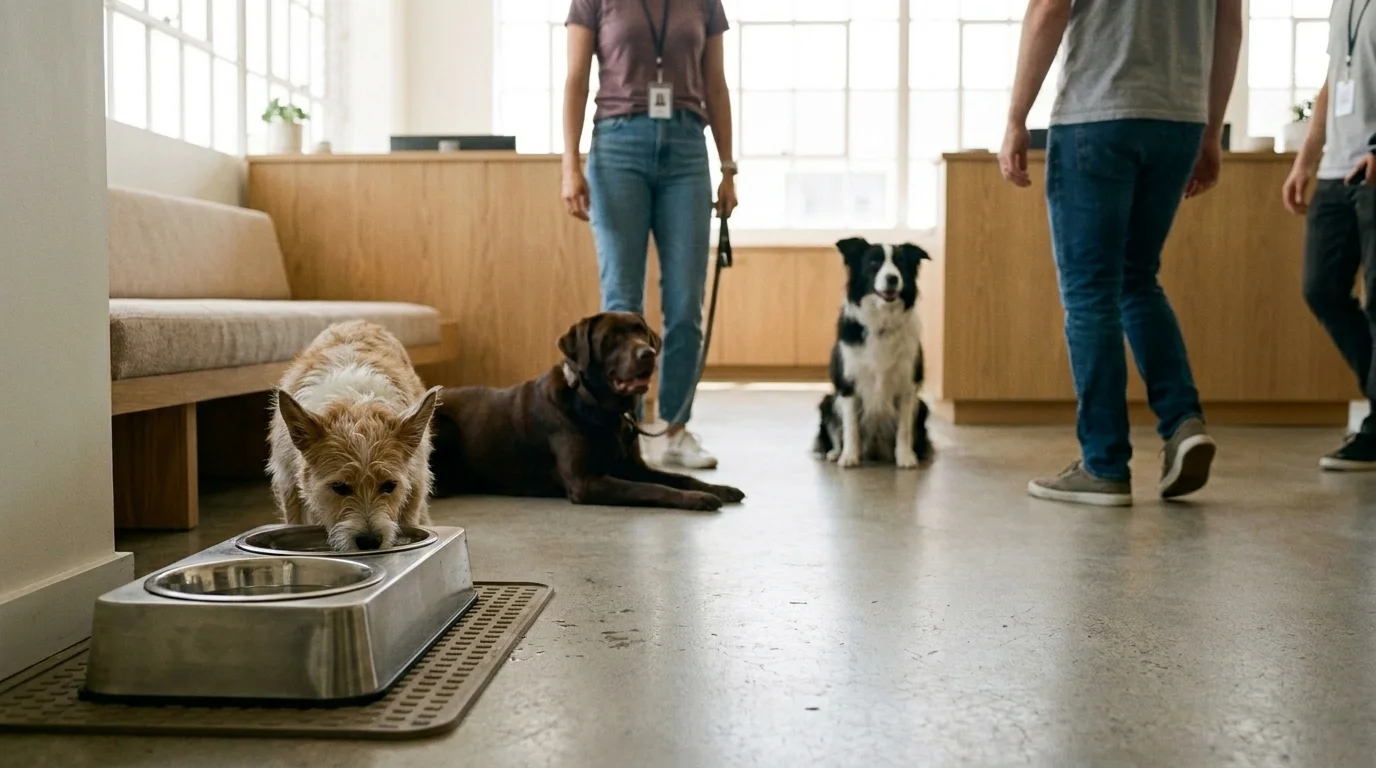 Three dogs of mixed breeds in a corporate office lobby on Take Your Dog To Work Day beside a stainless steel water station