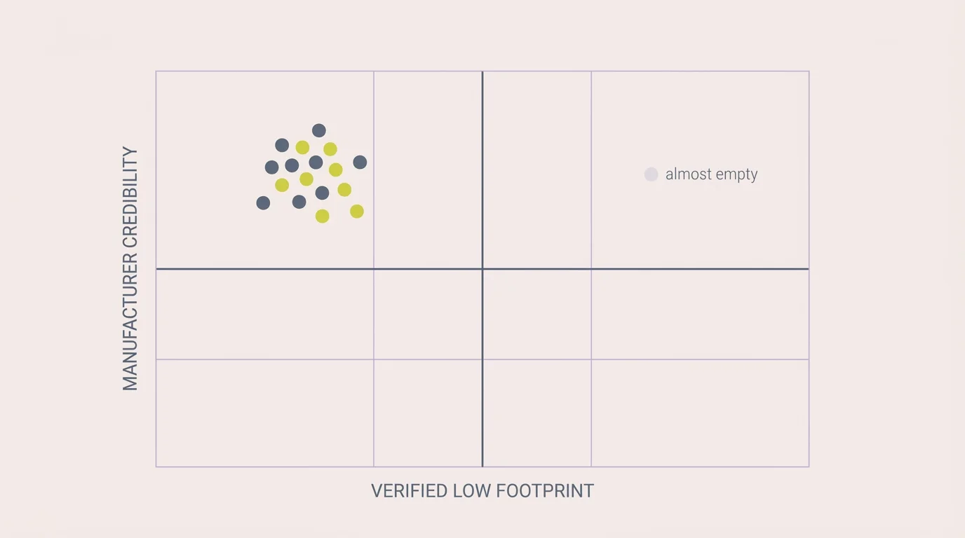 Quadrant chart plotting manufacturer credibility against verified low footprint, dots clustered in high-credibility corner