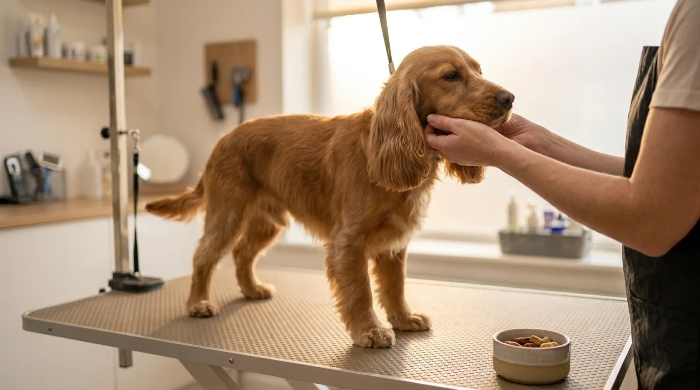 Relaxed dog leaning into a groomer's light chin-rest hold on a non-slip table, treats nearby, fear free grooming in practice