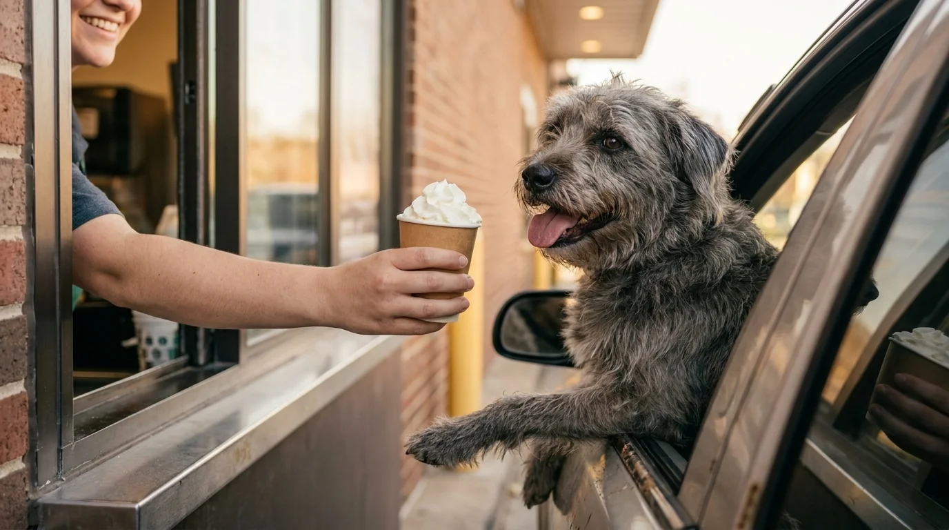 A happy dog with paws on a car door taking a whipped-cream pup cup from an employee at a drive-thru window