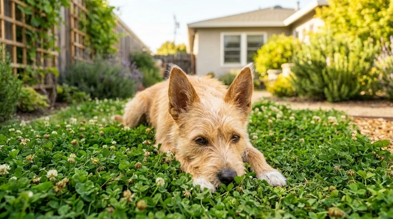 Dog lying on a soft green clover lawn used as a grass alternative in a sunlit backyard