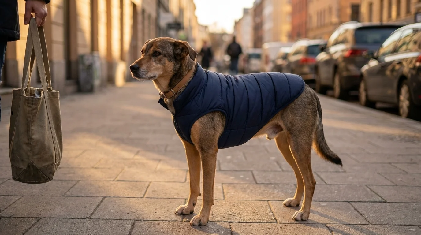 Dog in a navy mini puffer jacket on a city sidewalk, the dog streetwear sub-trend, with an owner's hand just out of frame
