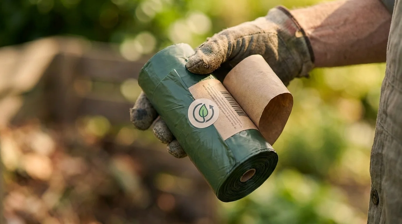 Close-up of a hand holding a roll of dog waste bags, focused on a small certification logo on the packaging