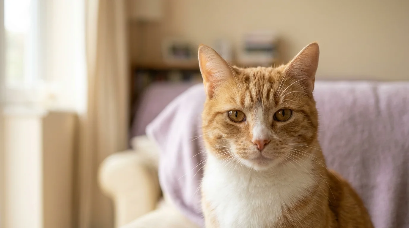Close-up portrait of a calm domestic cat looking directly at the camera in soft natural window light