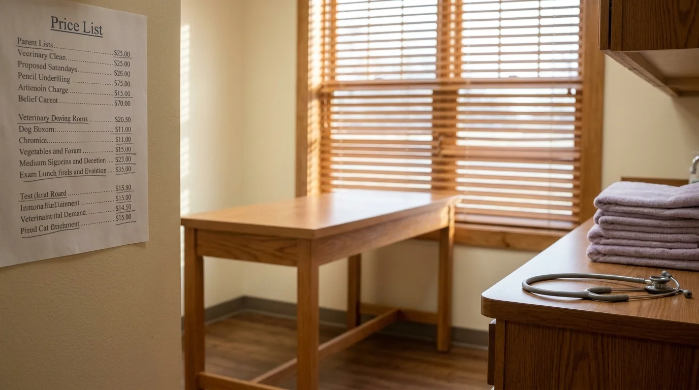 Empty independent vet clinic exam room with a wall price list and a stethoscope on the counter, late afternoon light