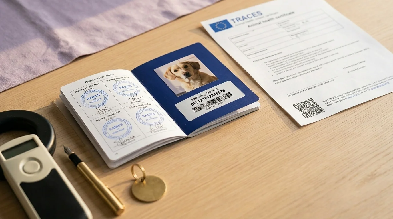 EU pet passport open beside a printed TRACES animal health certificate with QR code, microchip scanner, and pen